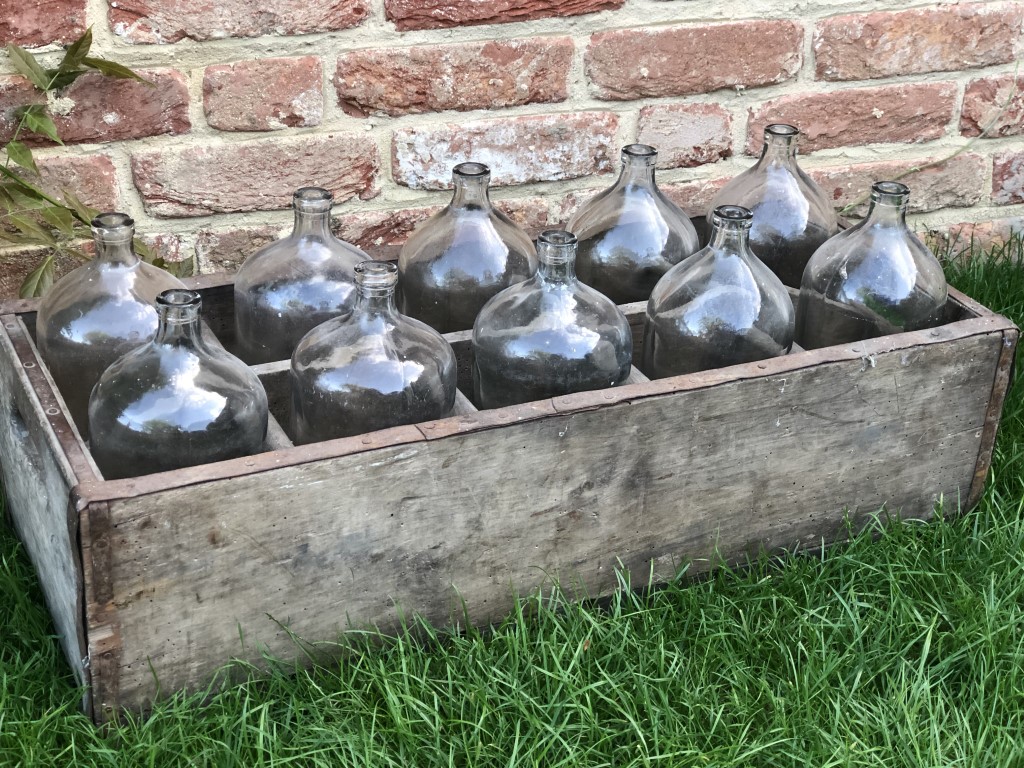 Genuine Vintage French Large Glass Bottles In Rustic Wooden Box (3x available)